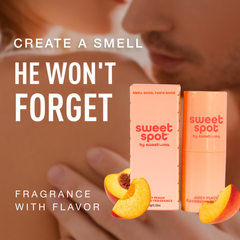 Sweet Spot fragrance bottles with peach slices and text on a blurred background