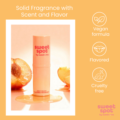 Solid fragrance stick with peach slices on a yellow background, featuring 'sweet spot' branding.
