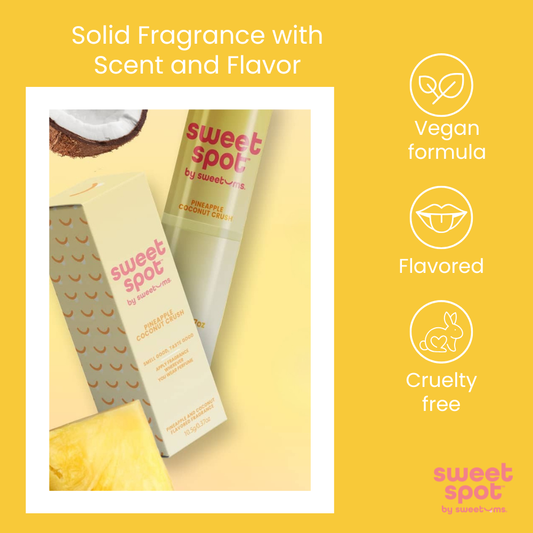 Solid fragrance product with 'sweet spot' branding on a yellow background, featuring icons for vegan formula, flavored, and cruelty-free.