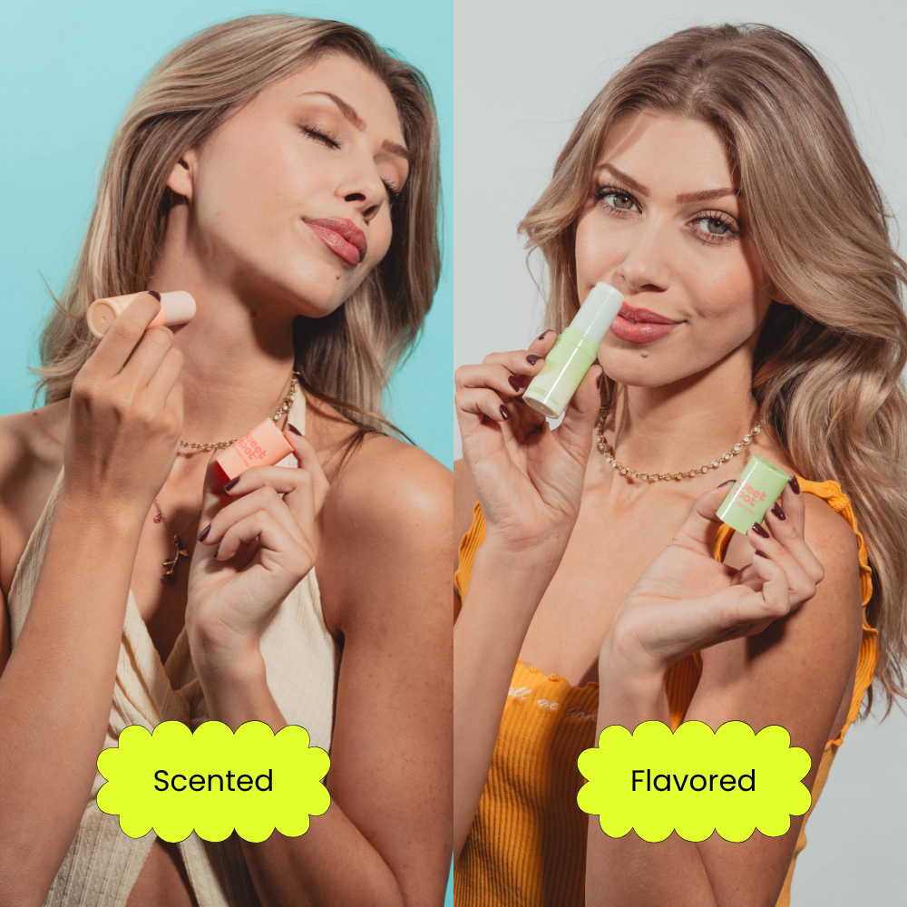 A women applying scented and flavored fragrance with text labels "scented" and "flavored" on a split background.