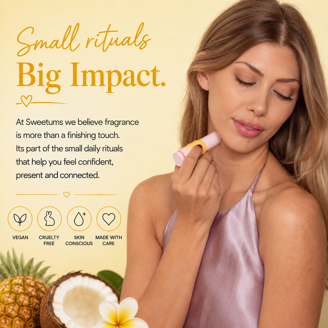 A woman in a lavender satin halter top applies sweet spot fragrance to her neck. The background is a warm cream color with promotional text reading 'Small rituals Big Impact.