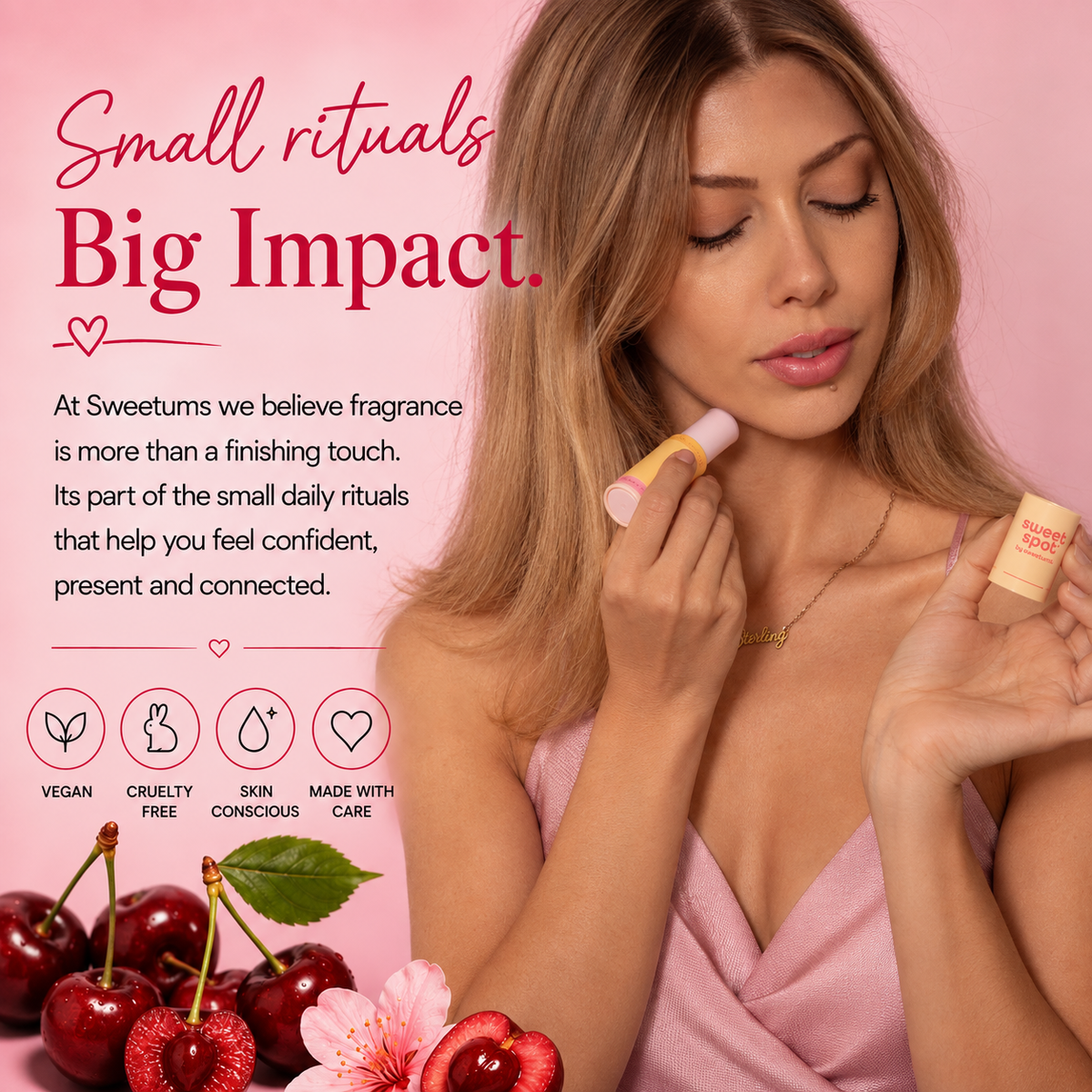 A woman in a pink dress applies sweet spot fragrance on her neck against a pink background, with promotional text and cherry imagery on the left