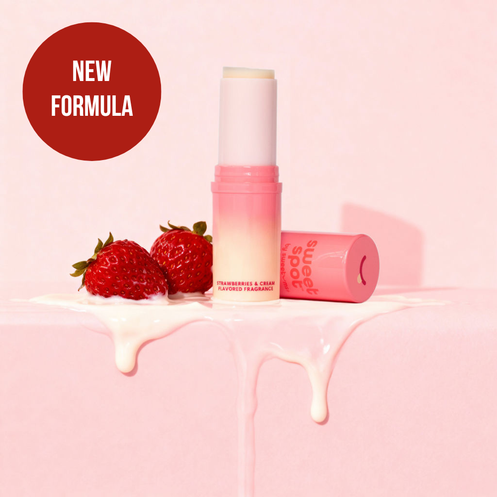 Sweet Spot strawberries and cream solid fragrance with strawberries on a pink background, labeled 'New Formula'.