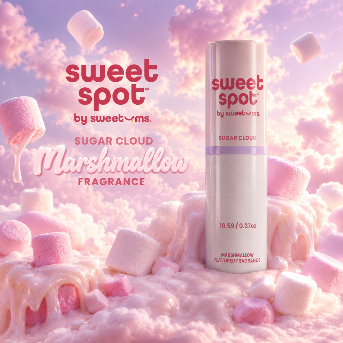 Sweet Spot by Sweetoms Marshmallow Fragrance bottle surrounded by marshmallows and pink clouds