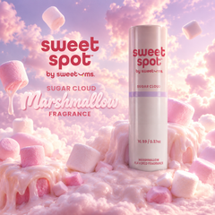 Sweet Spot by Sweetoms Marshmallow Fragrance bottle surrounded by marshmallows and pink clouds