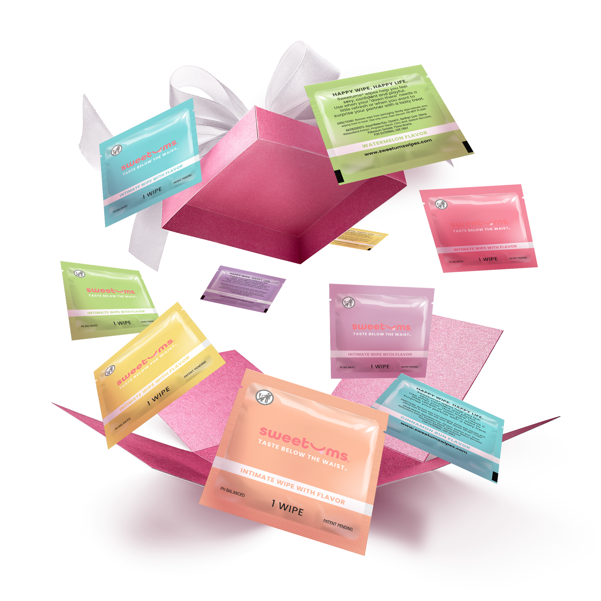 A collection of colorful boxes of Sweetums intimate wipes floating in the air with a open box at the center.
