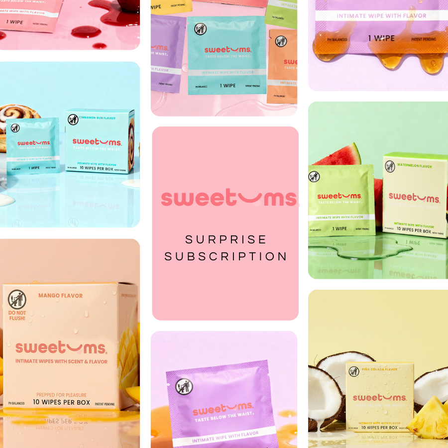 Collage of sweetums product packaging with various flavors and a 'Surprise Subscription' card.