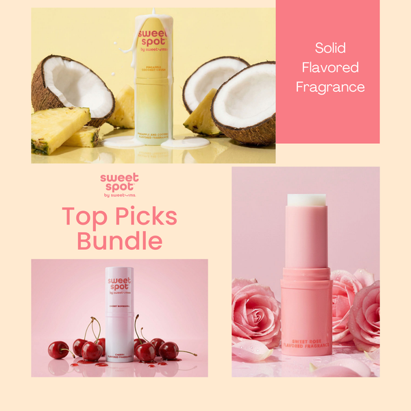 Three images of three different sweet spot solid flavored fragrance sticks- sweet rose, cherry bombshell and pineapple/coconut