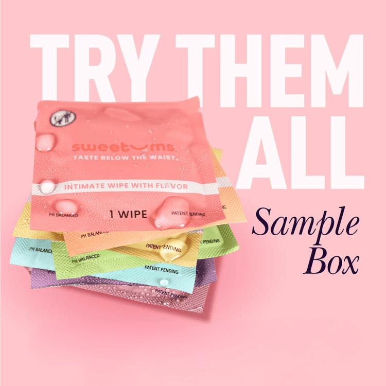 Sample box of 'sweetums' intimate wipes on a pink background with text 'Try Them All'.