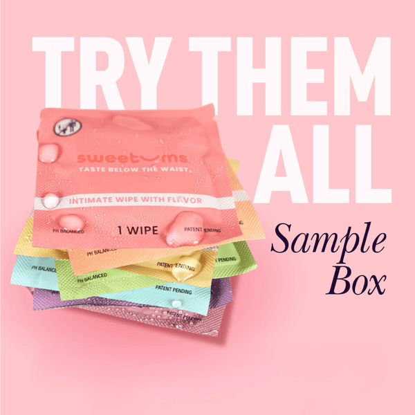Sample box of 'sweetums' intimate wipes on a pink background with text 'Try Them All'.