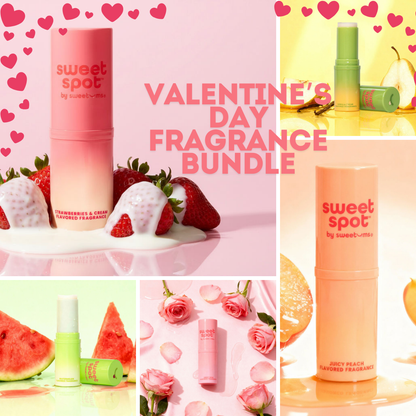 Image with various flavors of sweet spot flavored fragrances with the words 'valentine's day fragrance bundle' on it