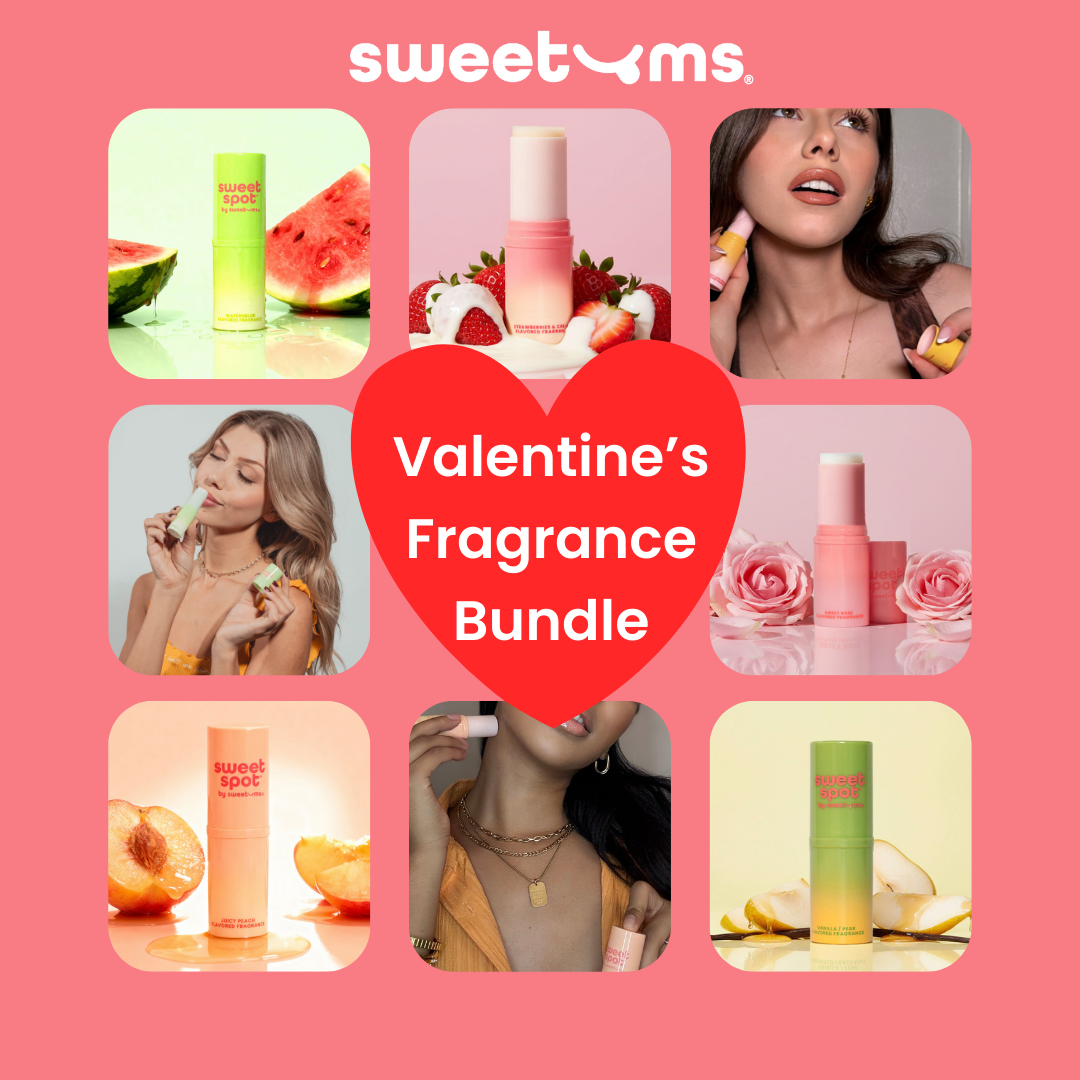 Image with various sweet spot fragrances and women applying the perfume with the words 'valentine's fragrance bundle'