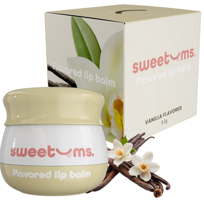 Vanilla flavored lip balm with packaging and vanilla beans on a white background