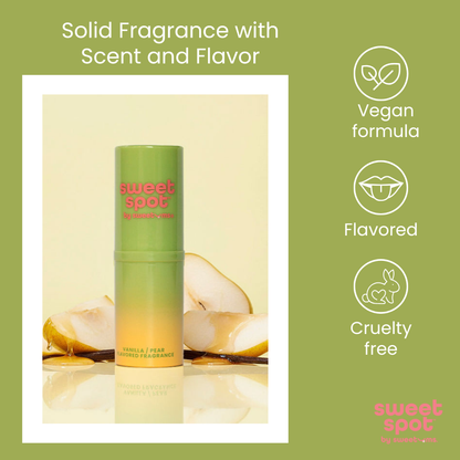 Solid fragrance with scent and flavor on a green background, featuring 'sweet spot' branding.