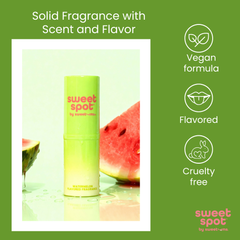 Solid fragrance product with watermelon flavor and features on a green background