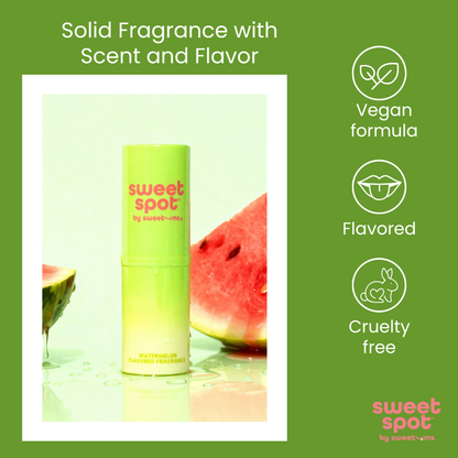 Solid fragrance product with watermelon flavor and features on a green background