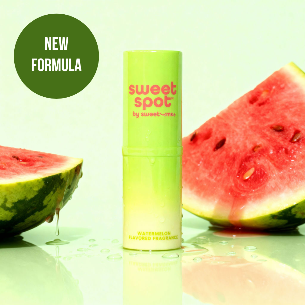 Green bottle labeled 'sweet spot' fragrance with watermelon slices on a light green background