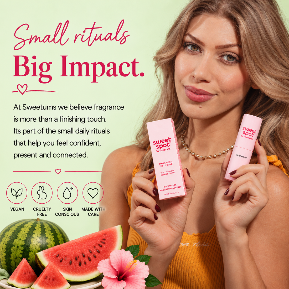 A woman holds two Sweet Spot fragrances in her hands against a light green background with promotional text and watermelon graphics. The products appear to be a box and a small tube, both labeled Sweettums.