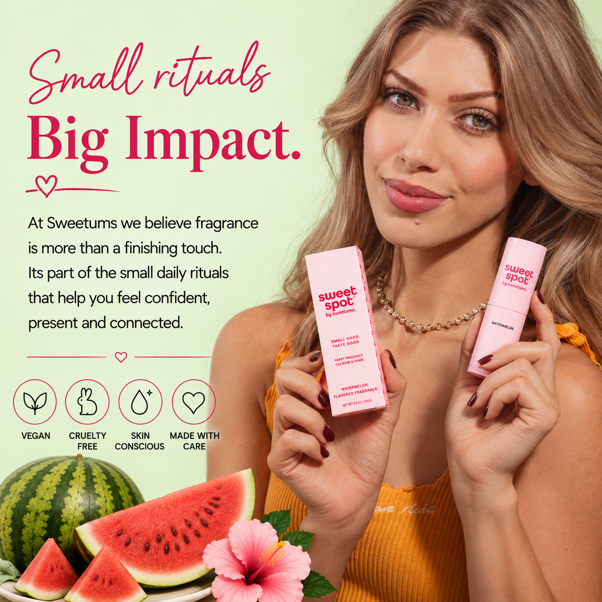 A woman holds two Sweet Spot fragrances in her hands against a light green background with promotional text and watermelon graphics. The products appear to be a box and a small tube, both labeled Sweettums.